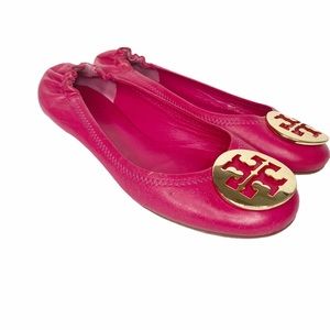Tory Burch Reva leather ballet flats hot pink